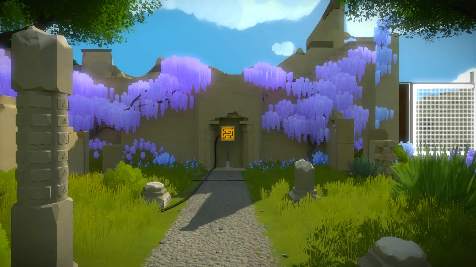 Cảnh mở đầu game The Witness trên PS4, hiển thị một hòn đảo bí ẩn với nhiều câu đố đường thẳng