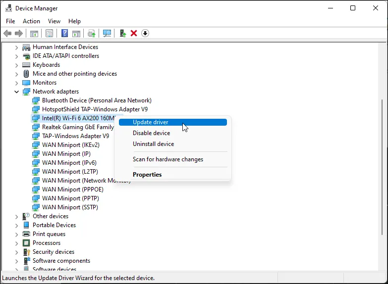 Cập nhật driver Wi-Fi trong Device Manager Windows 11