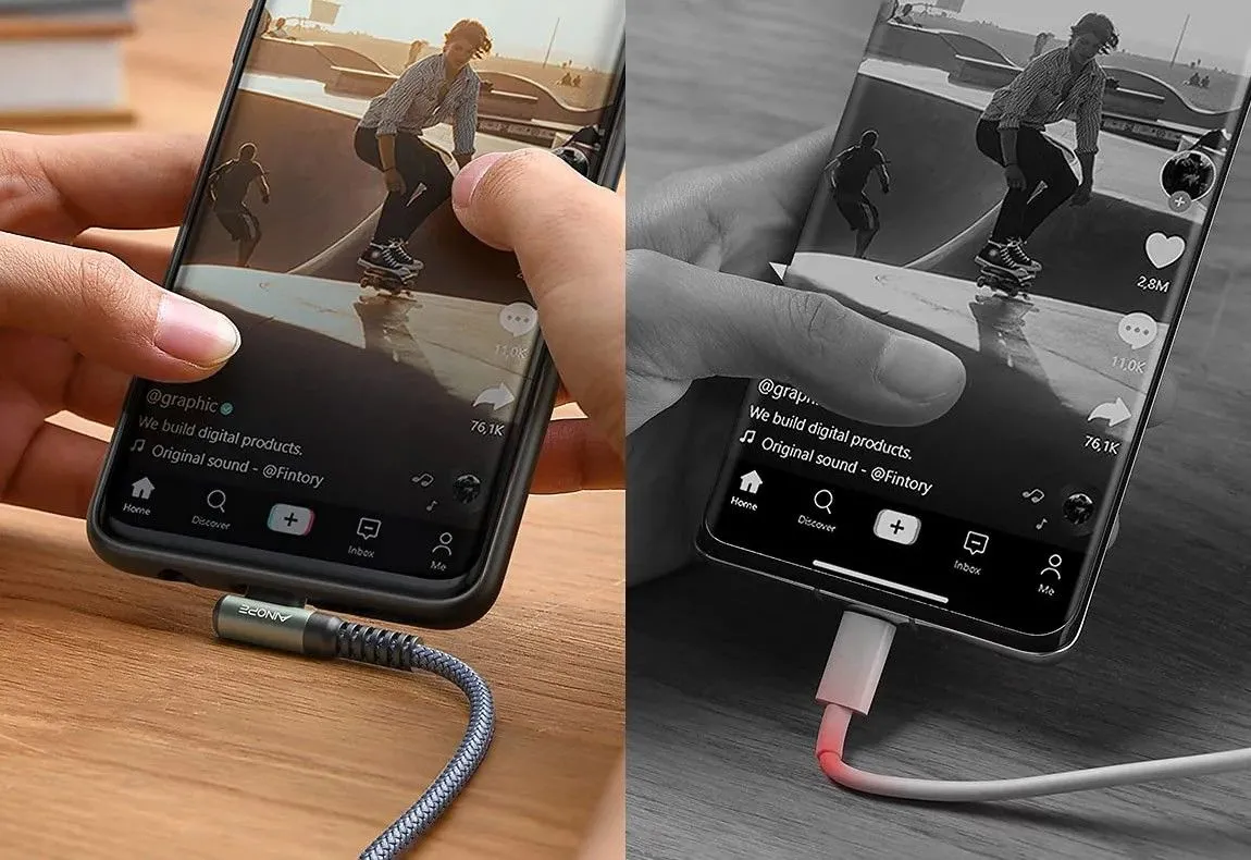 Cáp sạc USB-C góc vuông Ainope so sánh với cáp sạc thẳng thông thường