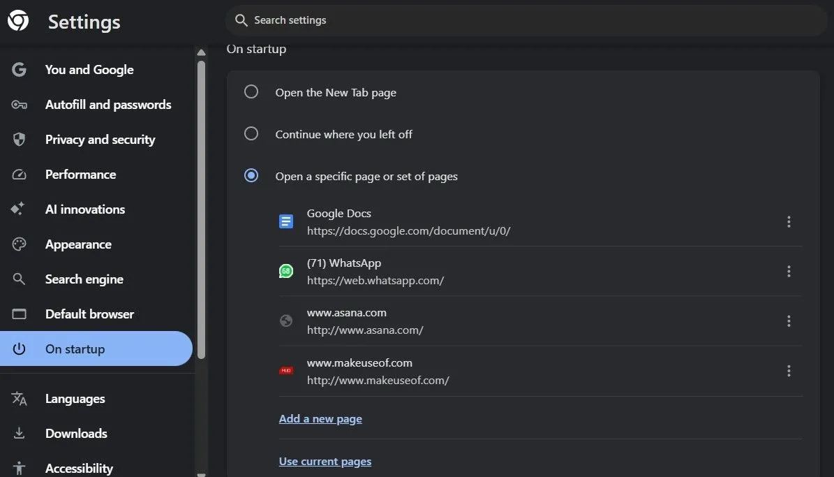Cấu hình hành vi khởi động của Google Chrome thông qua menu cài đặt khởi động