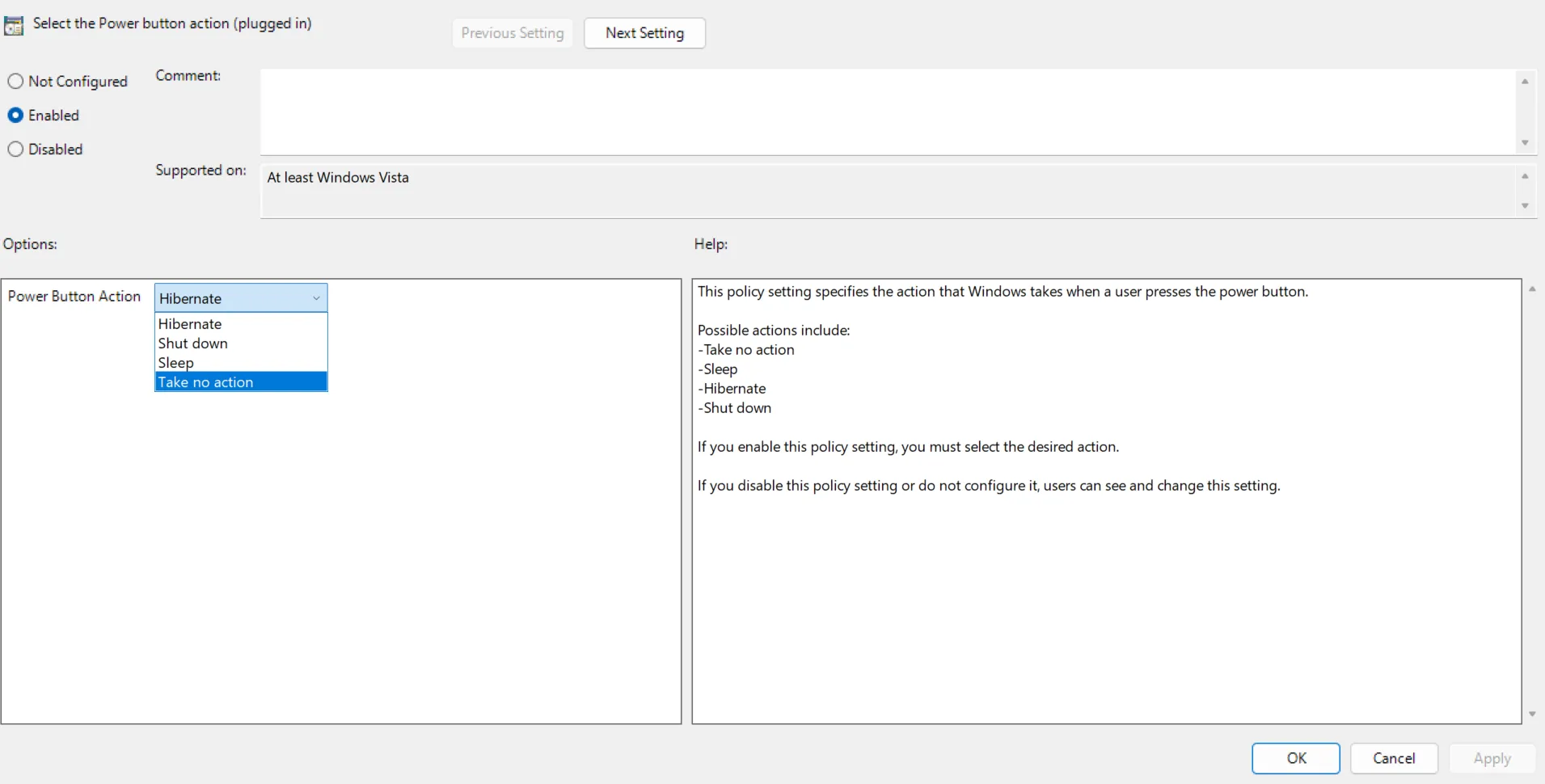 Cấu hình nút nguồn không thực hiện hành động gì với Group Policy Editor