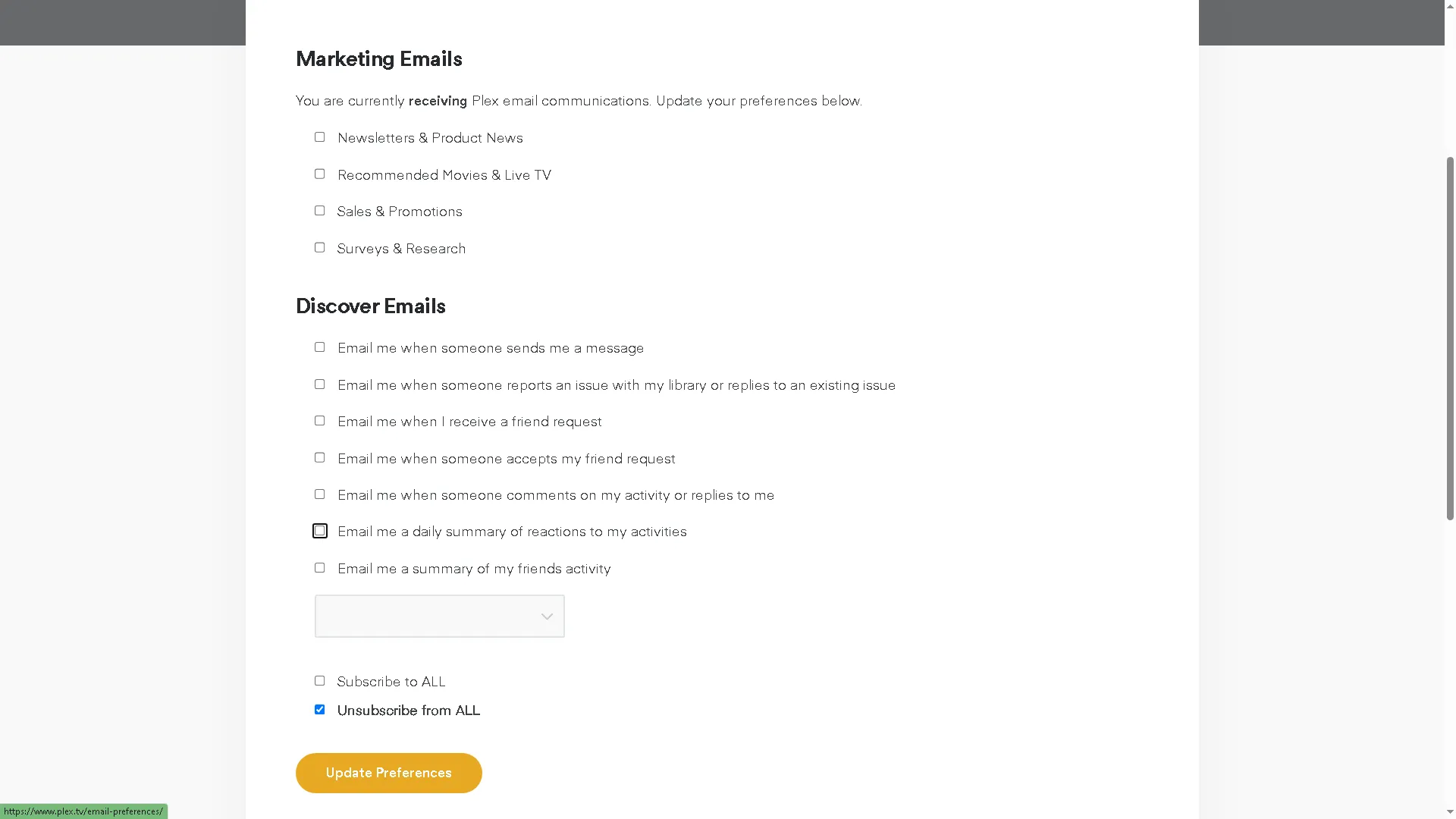 Cấu hình tùy chọn email tiếp thị của Plex