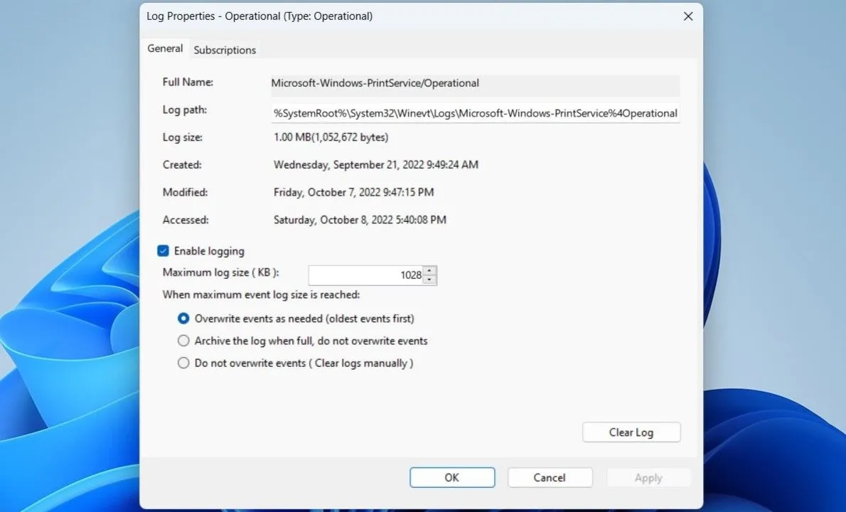Cấu hình tùy chọn ghi nhật ký lịch sử in ấn trên hệ điều hành Windows