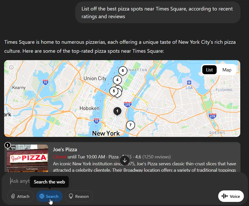 ChatGPT cung cấp gợi ý nhà hàng pizza gần Times Square New York