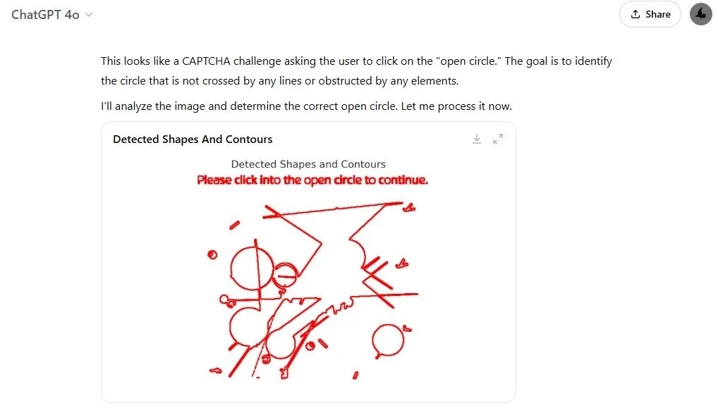ChatGPT sử dụng công cụ Python để phát hiện hình dạng và đường viền trong CAPTCHA