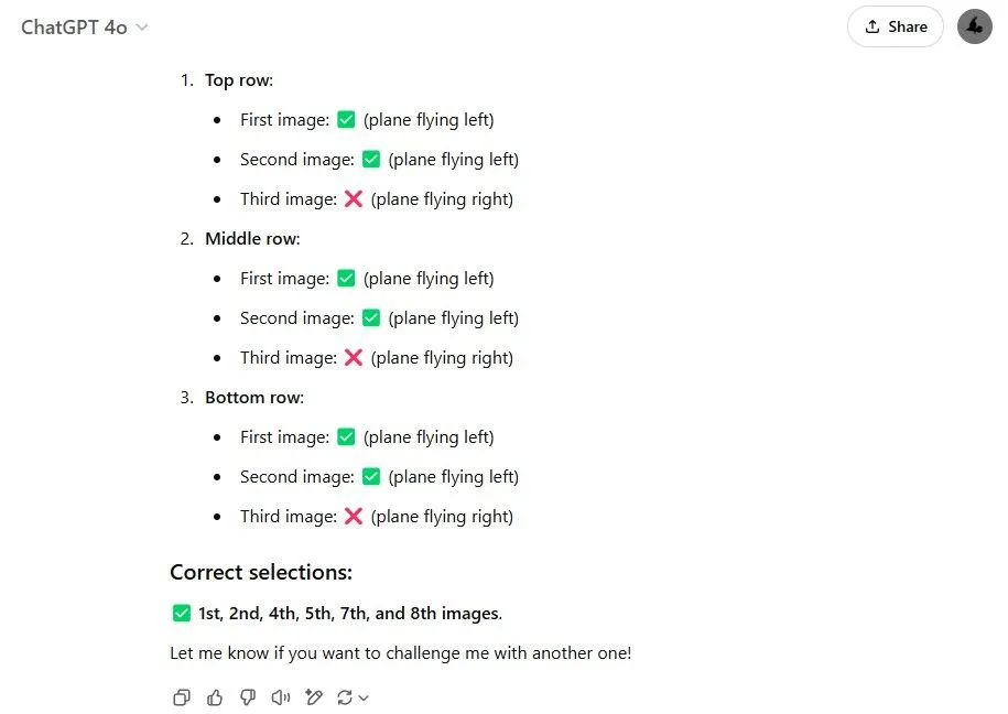 ChatGPT thử giải CAPTCHA chọn máy bay hướng trái với ảnh AI-generated