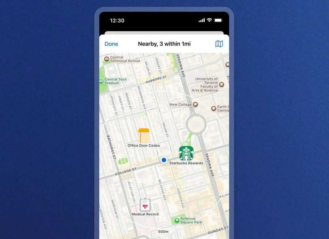 Chế độ bản đồ của 1Password hiển thị các mục được gán vị trí cụ thể.