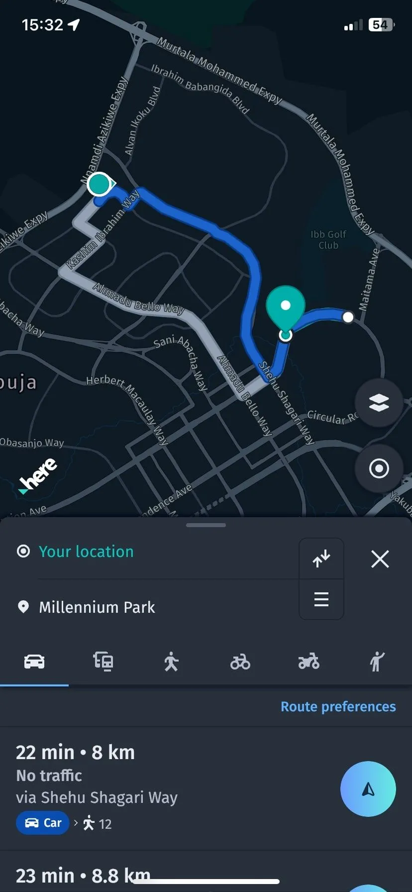 Chế độ dẫn đường bằng ô tô trong ứng dụng HERE WeGo offline