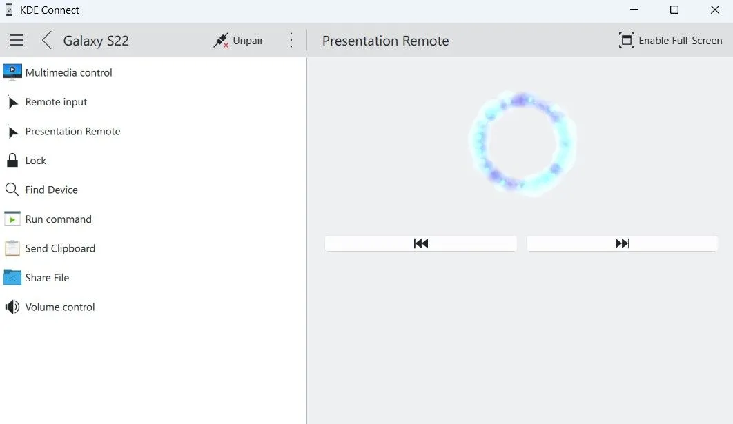 Chế độ điều khiển trình chiếu của KDE Connect trên ứng dụng Windows