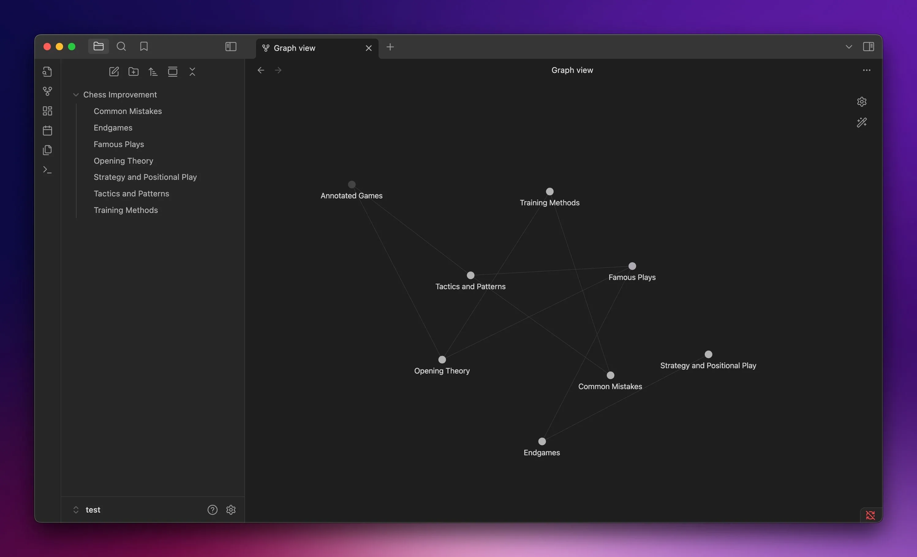Chế độ xem đồ thị (Graph View) cho một vault trong Obsidian trên máy Mac