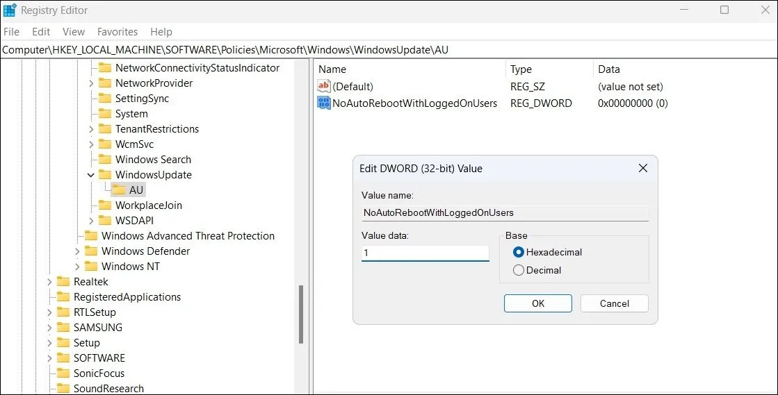 Chỉnh sửa giá trị DWORD trong cửa sổ Registry Editor để ngăn tự khởi động lại