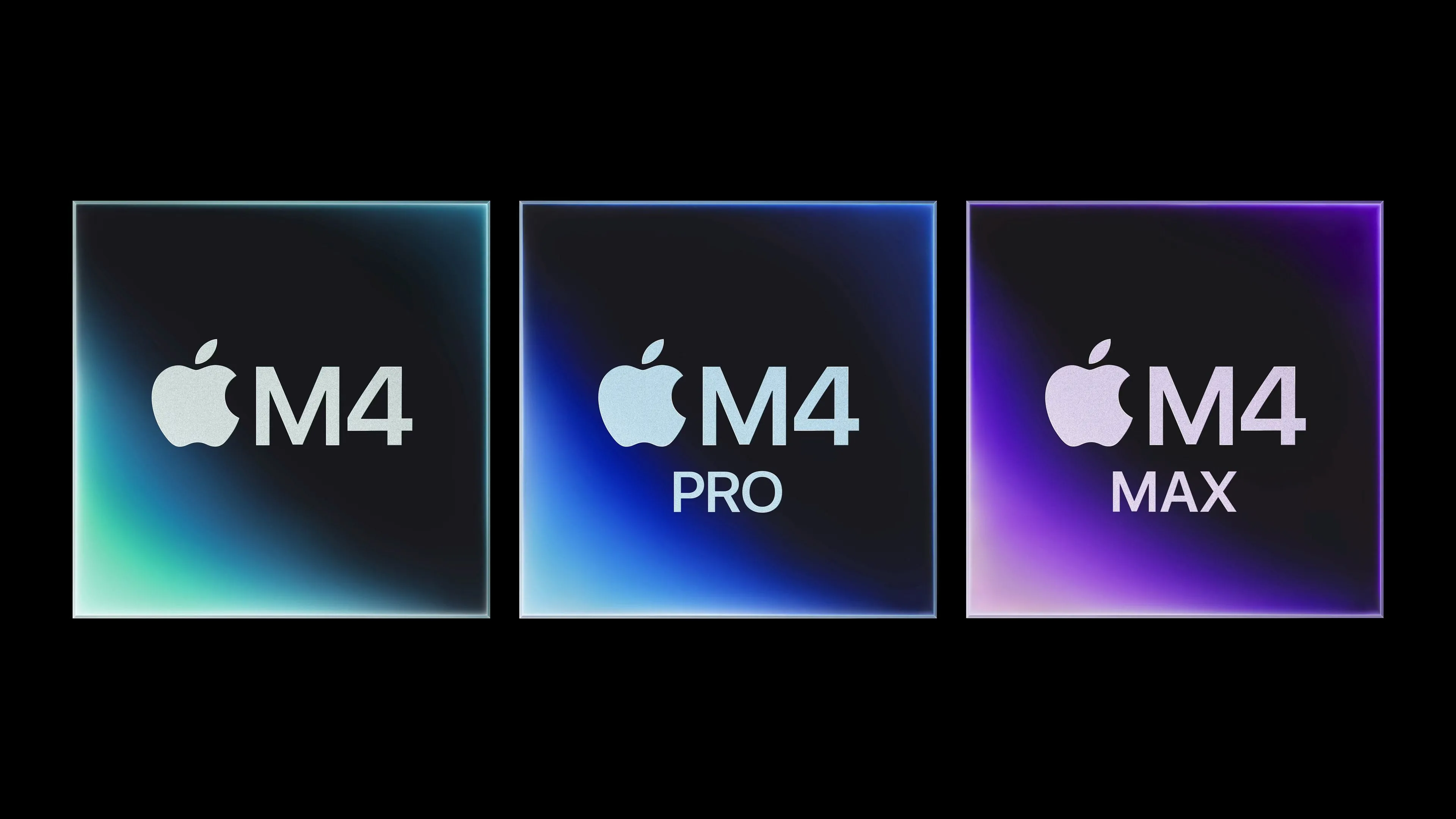 Chip Apple M4, M4 Pro và M4 Max đặt cạnh nhau cho thấy sự đa dạng của dòng chip Apple Silicon