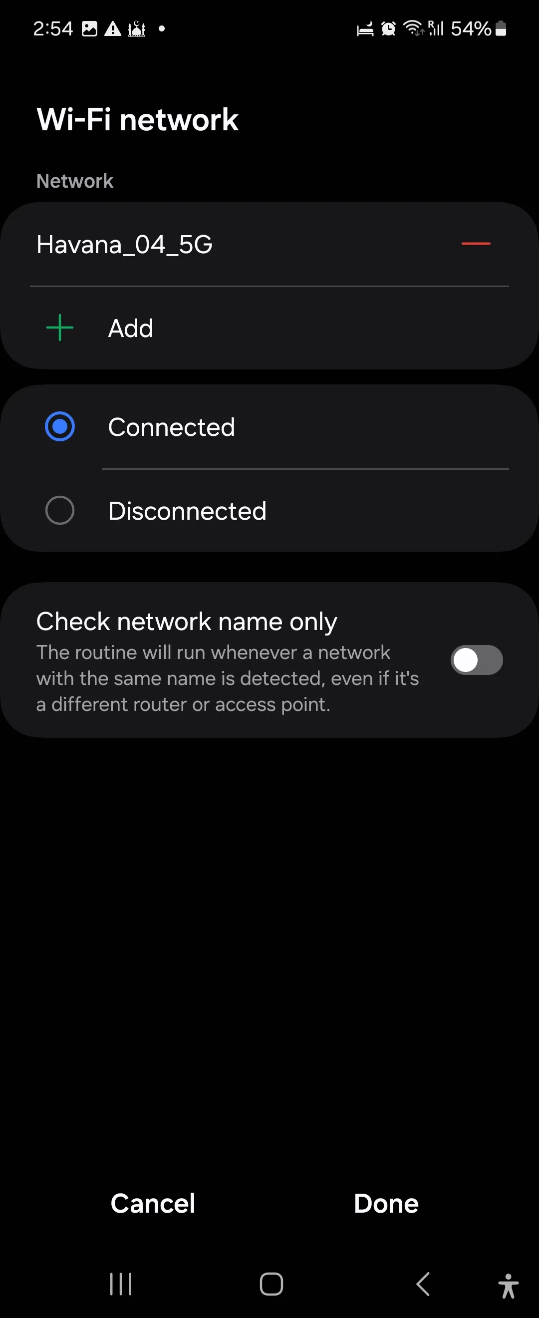 Chọn mạng Wi-Fi làm điều kiện kích hoạt routine trong ứng dụng Samsung Modes and Routines