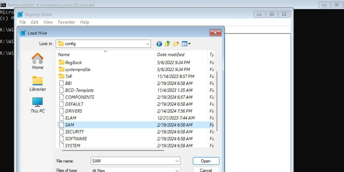 Chọn tệp SAM để tải Hive vào Registry Editor, một bước quan trọng để sửa lỗi đăng nhập User Profile.