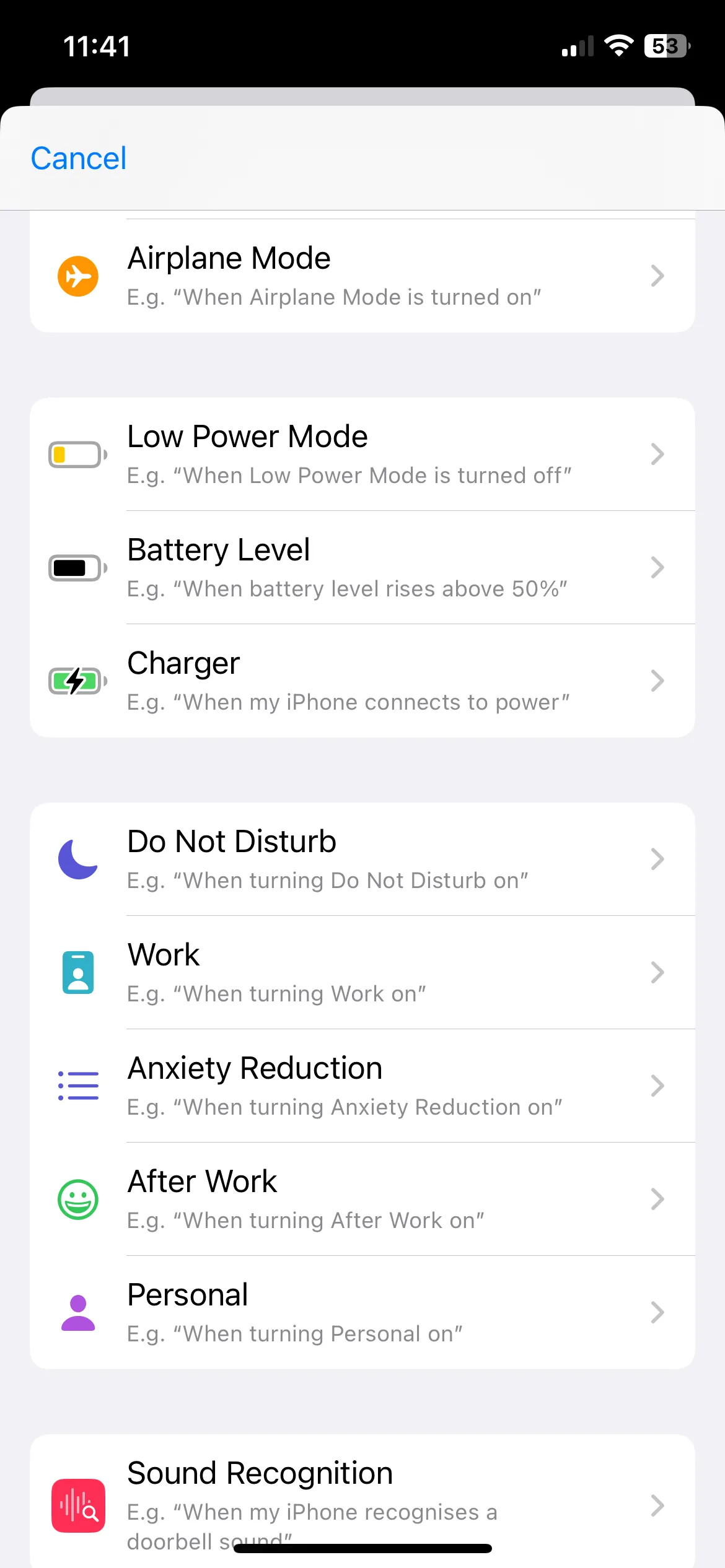 Chọn trình kích hoạt trong ứng dụng Phím tắt trên iPhone để tùy chỉnh âm thanh sạc.