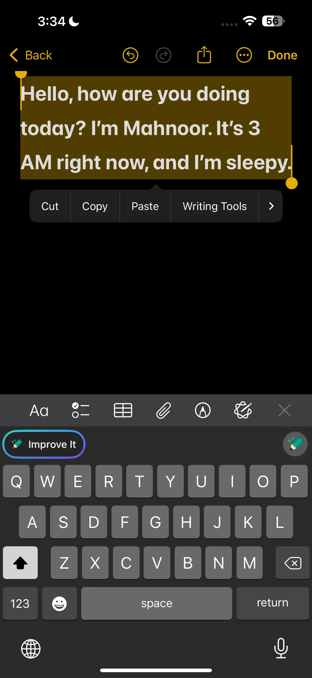 Chọn văn bản trong ứng dụng Ghi chú để sử dụng Grammarly