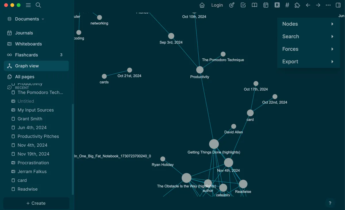 Chức năng biểu đồ (graph view) của Logseq thể hiện mạng lưới liên kết các ý tưởng về năng suất