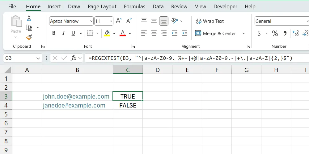 Chức năng REGEXTEST trong Microsoft Excel cho phép kiểm tra chuỗi theo biểu thức chính quy, minh họa khả năng nâng cao của Excel.