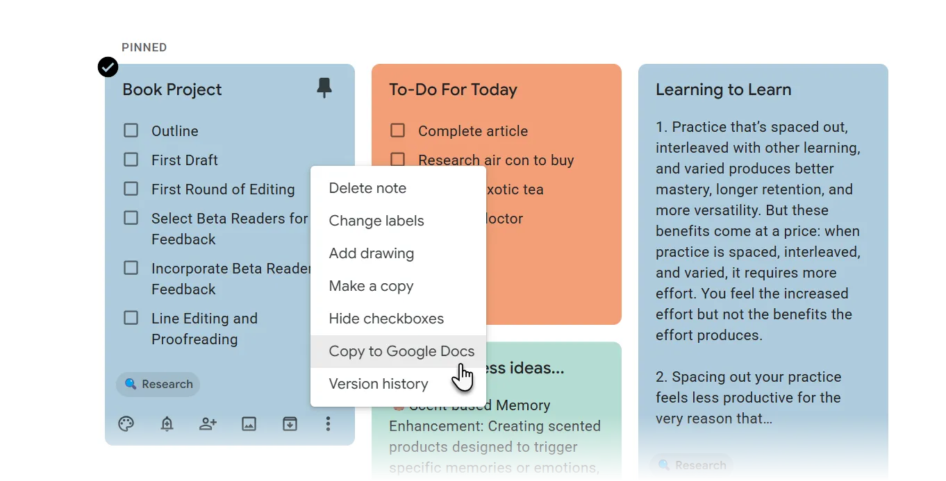 Chuyển ghi chú từ Google Keep sang Google Docs để phát triển nội dung