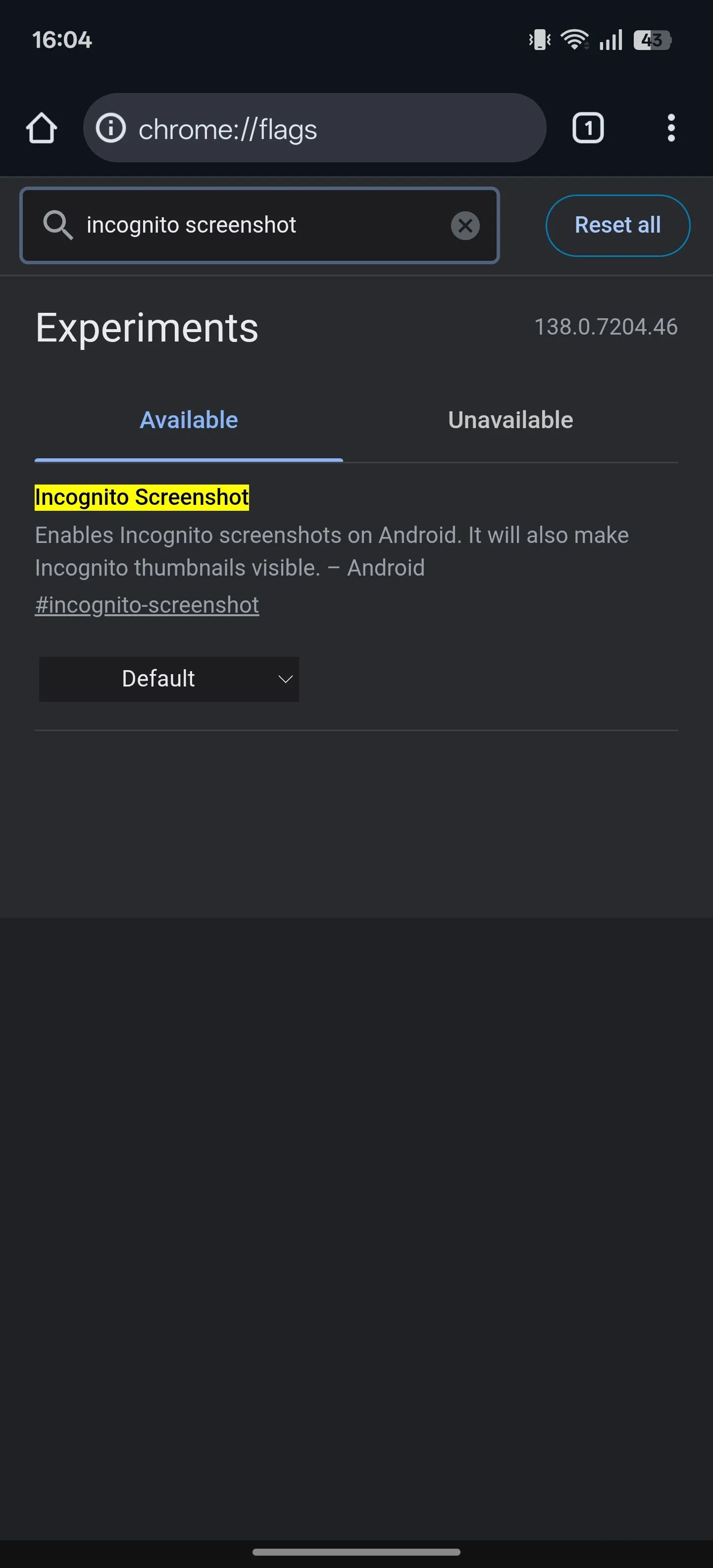 Cờ tính năng &quot;Chụp ảnh màn hình ẩn danh&quot; (Incognito Screenshot) được tìm thấy trên trang Chrome Flags.