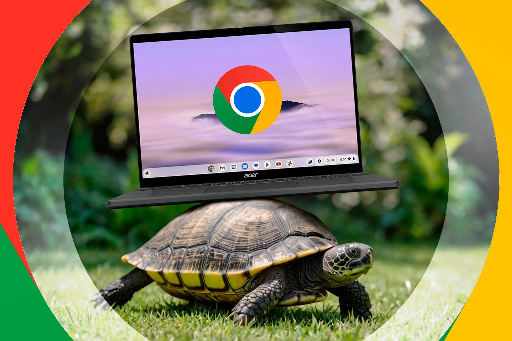 Con rùa mang chiếc Chromebook trên lưng tượng trưng cho tốc độ chậm của hệ thống khi cache Chrome quá lớn