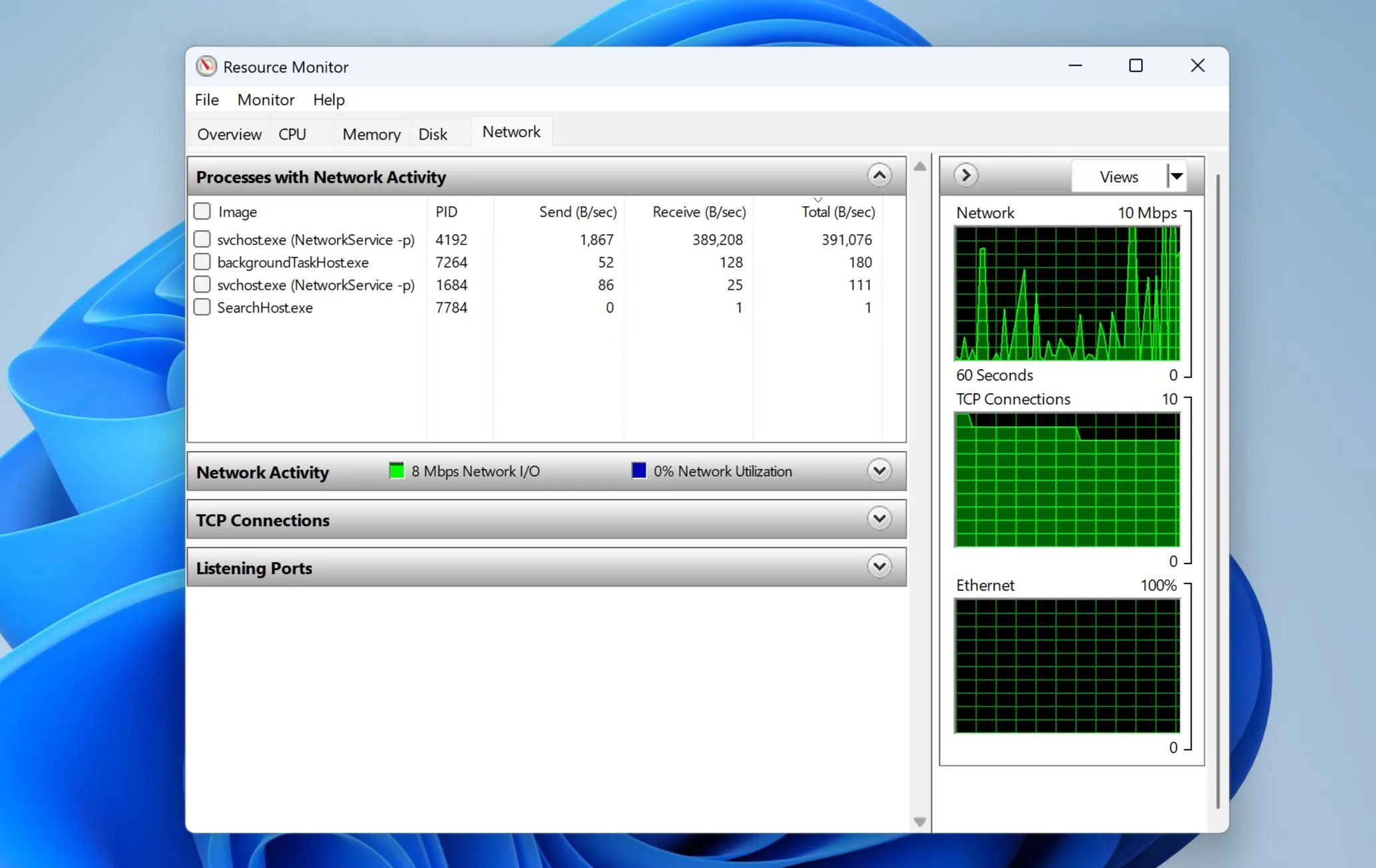Công cụ Resource Monitor của Windows 11 hiển thị chi tiết mức sử dụng tài nguyên mạng của hệ thống