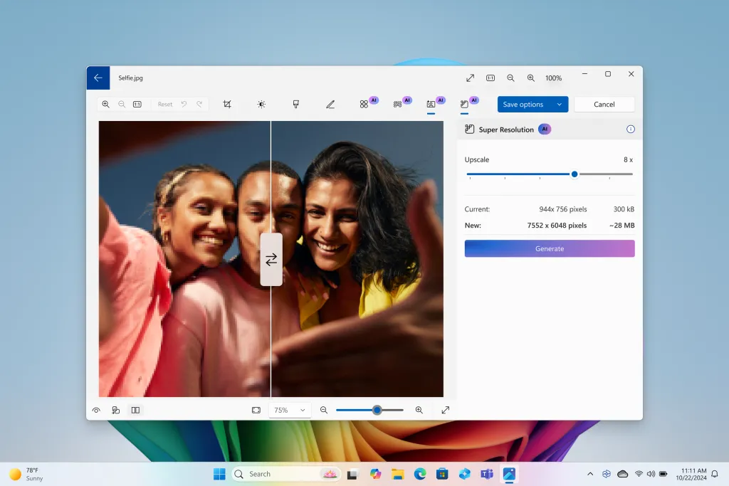 Công cụ Super Resolution trong Microsoft Photos giúp nâng cao chất lượng ảnh selfie của ba người bạn