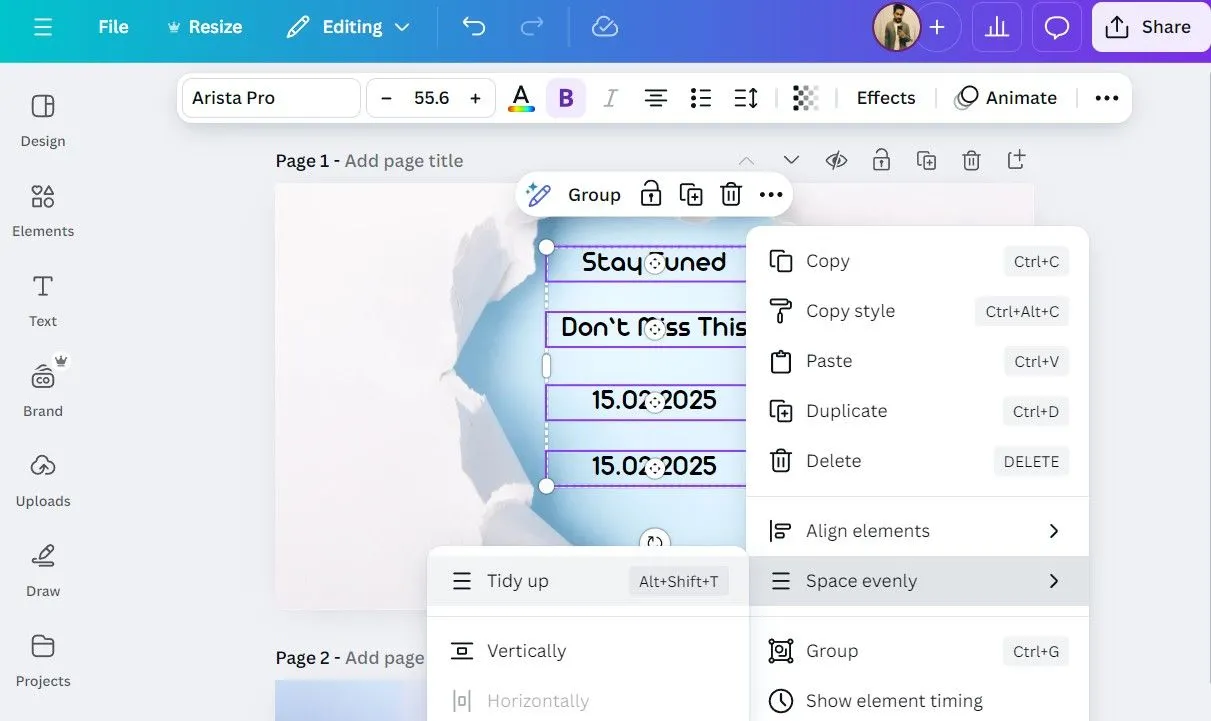 Công cụ Tidy Up trong Canva giúp sắp xếp và căn chỉnh đối tượng nhanh chóng