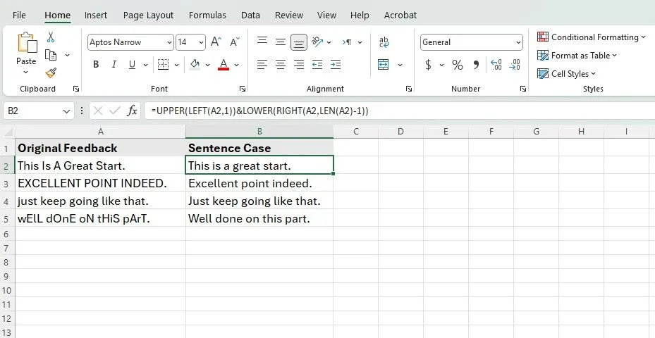 Công thức phức tạp để chuyển đổi văn bản sang định dạng câu trong Excel.