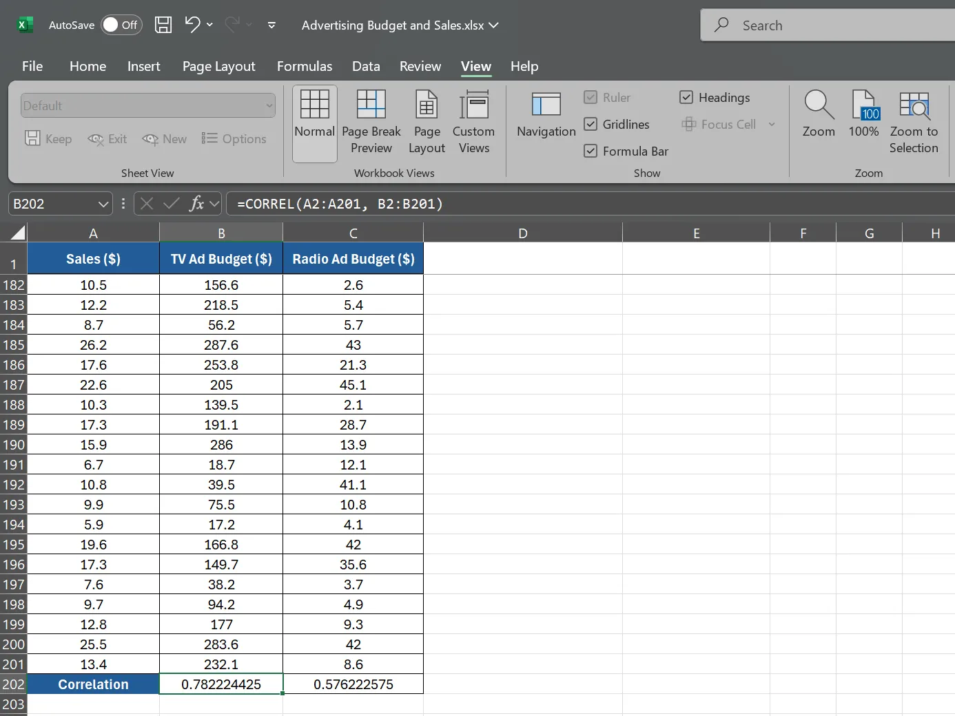 Công thức tương quan trên bảng tính Excel, minh họa khả năng xử lý dữ liệu phức tạp của Excel.