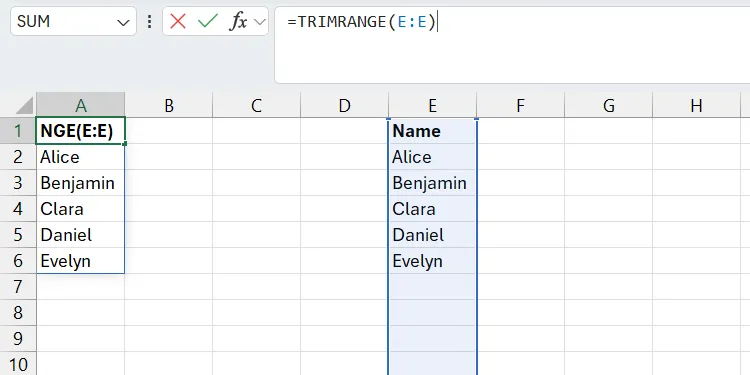 Cột dữ liệu động trong Excel đã được làm sạch bằng hàm TRIMRANGE, loại bỏ các giá trị 0 không mong muốn
