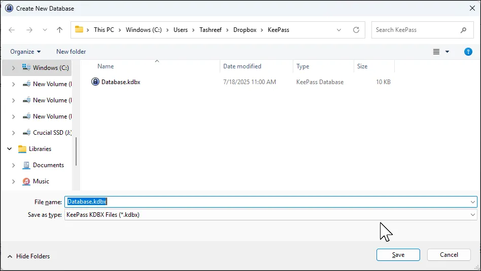 create new database dialog keepass and dropbox