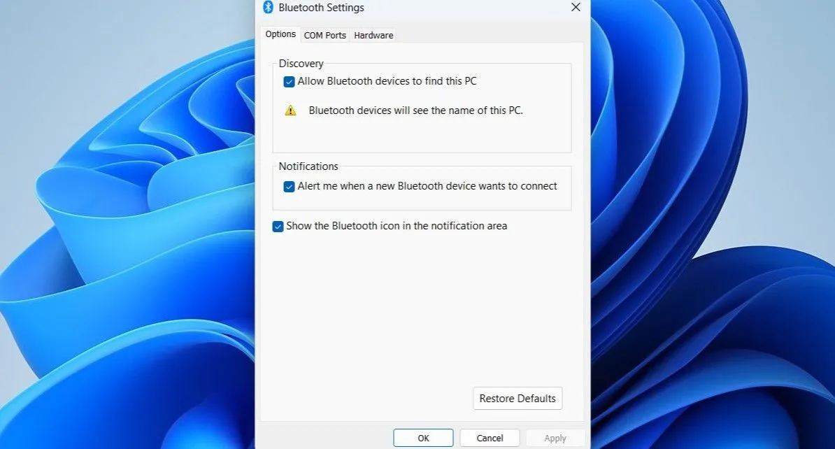 Cửa sổ Cài đặt Bluetooth để hiển thị biểu tượng Bluetooth trên thanh tác vụ