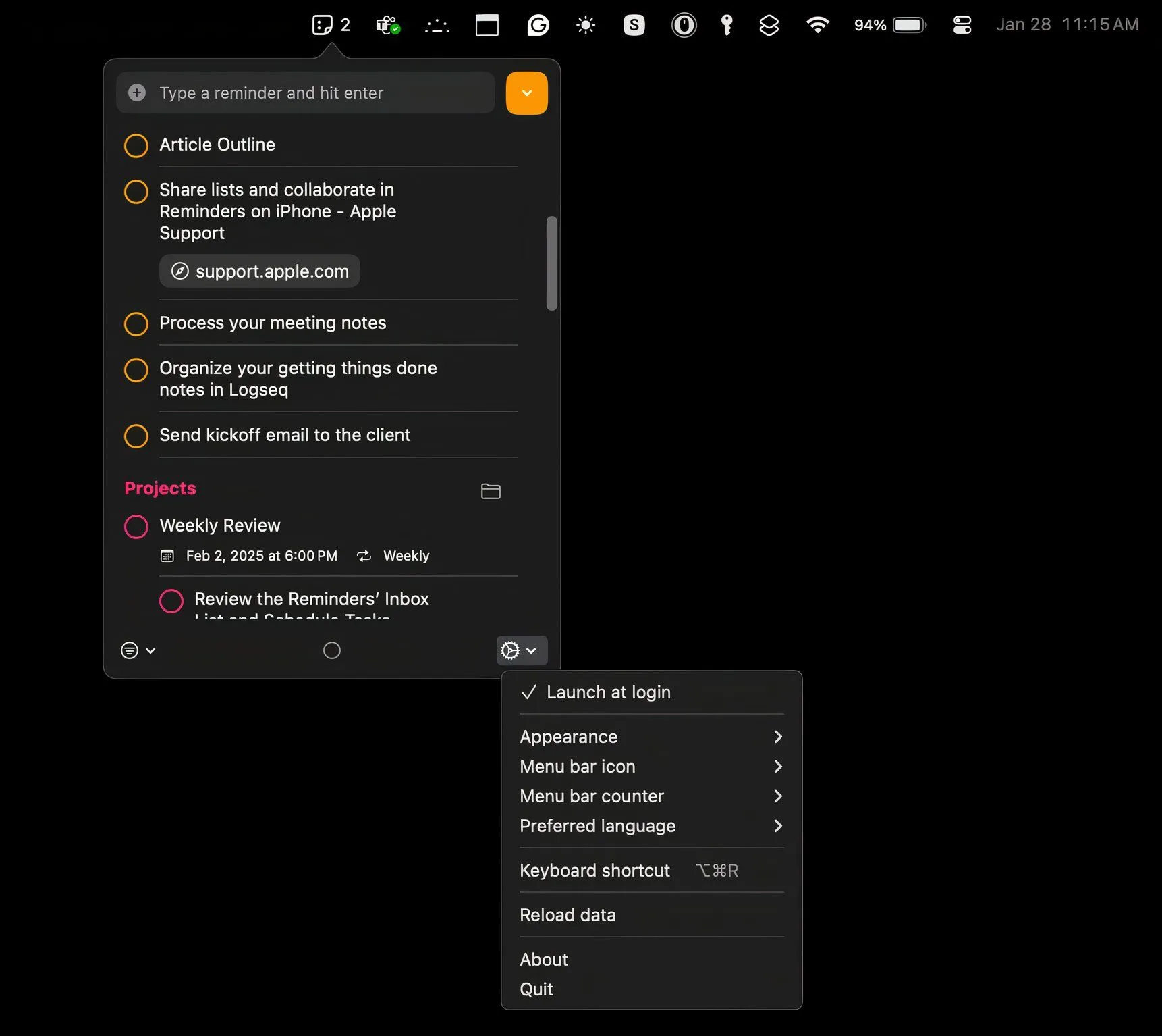 Cửa sổ cài đặt của ứng dụng Reminders MenuBar, nơi thiết lập phím tắt toàn hệ thống và các tùy chọn khác