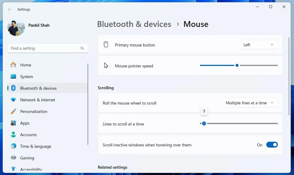 Cửa sổ cài đặt cuộn chuột trong Windows 11, hiển thị tùy chọn điều chỉnh số dòng cuộn mỗi lần.