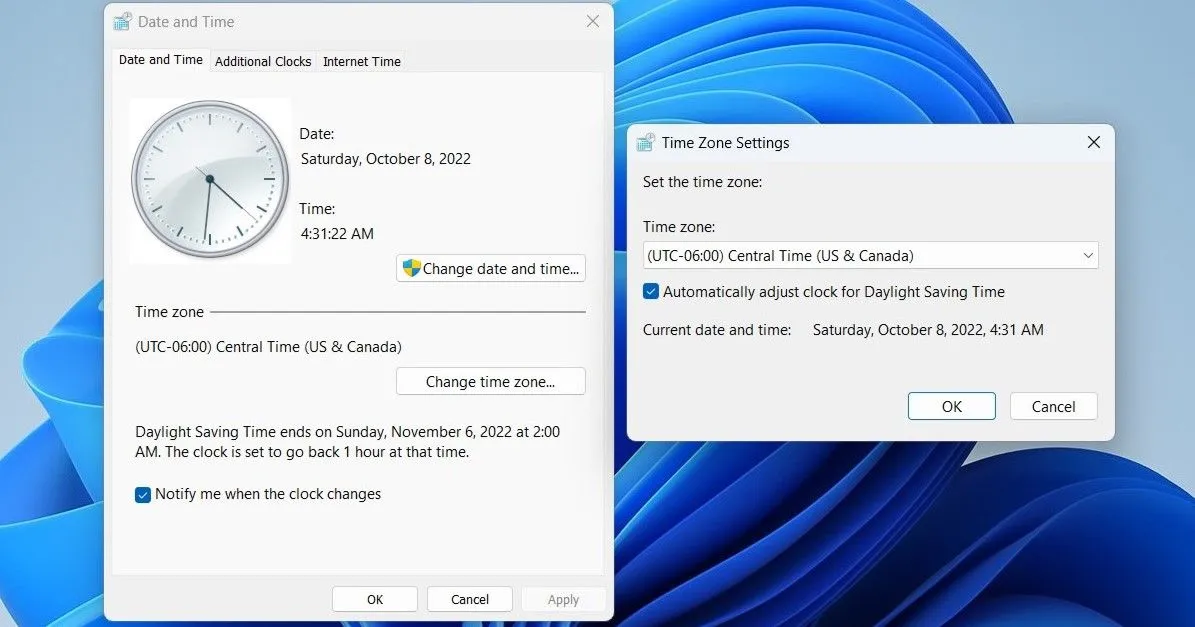 Cửa sổ Cài đặt Ngày giờ và Múi giờ trên Windows 11 qua Control Panel