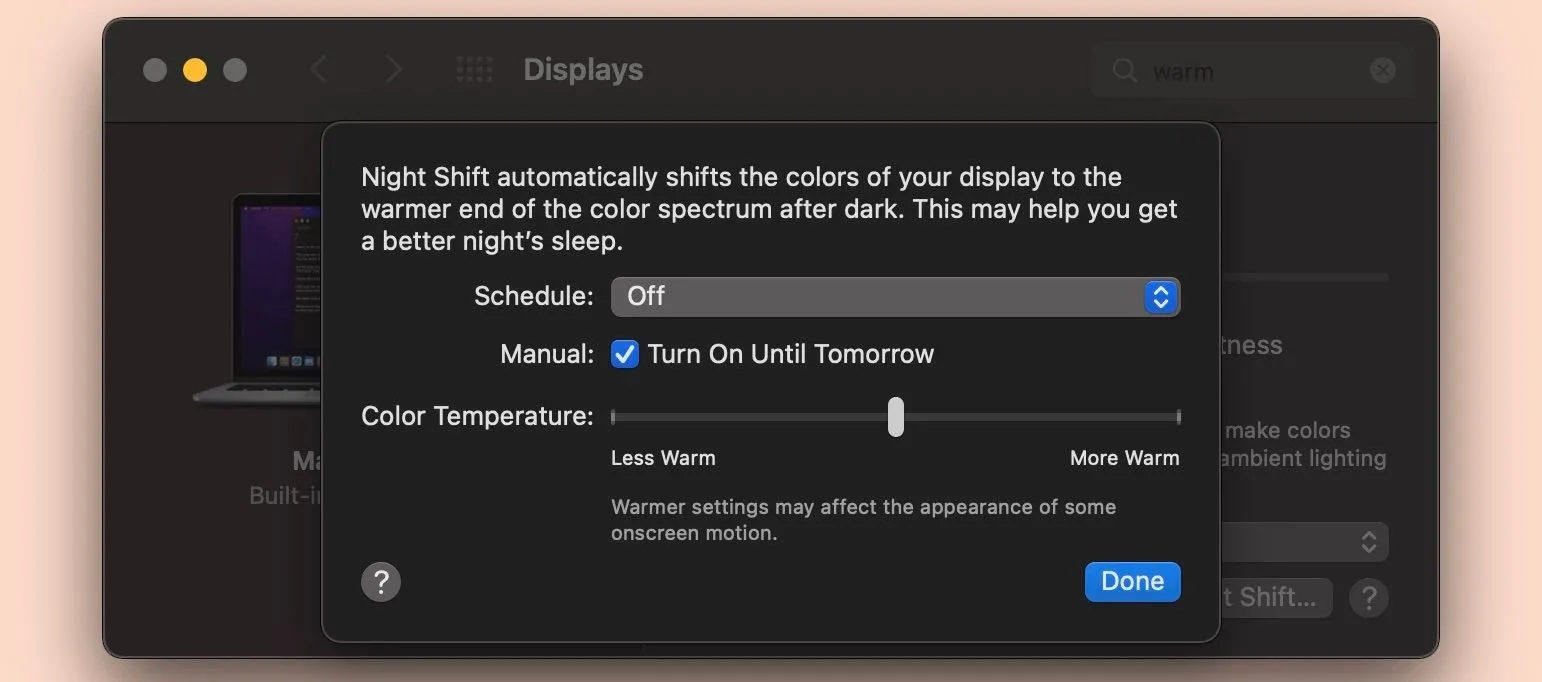 Cửa sổ cài đặt Night Shift trên máy tính Mac, hiển thị tùy chọn điều chỉnh nhiệt độ màu