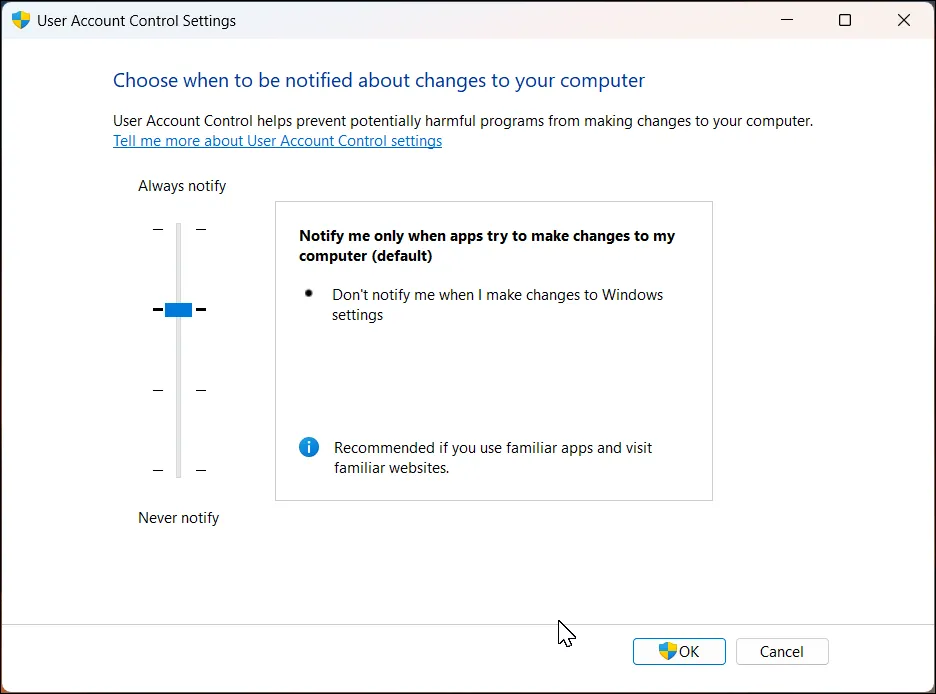 Cửa sổ cài đặt User Account Control (UAC) trên Windows 11 hiển thị các tùy chọn mức độ thông báo bảo mật