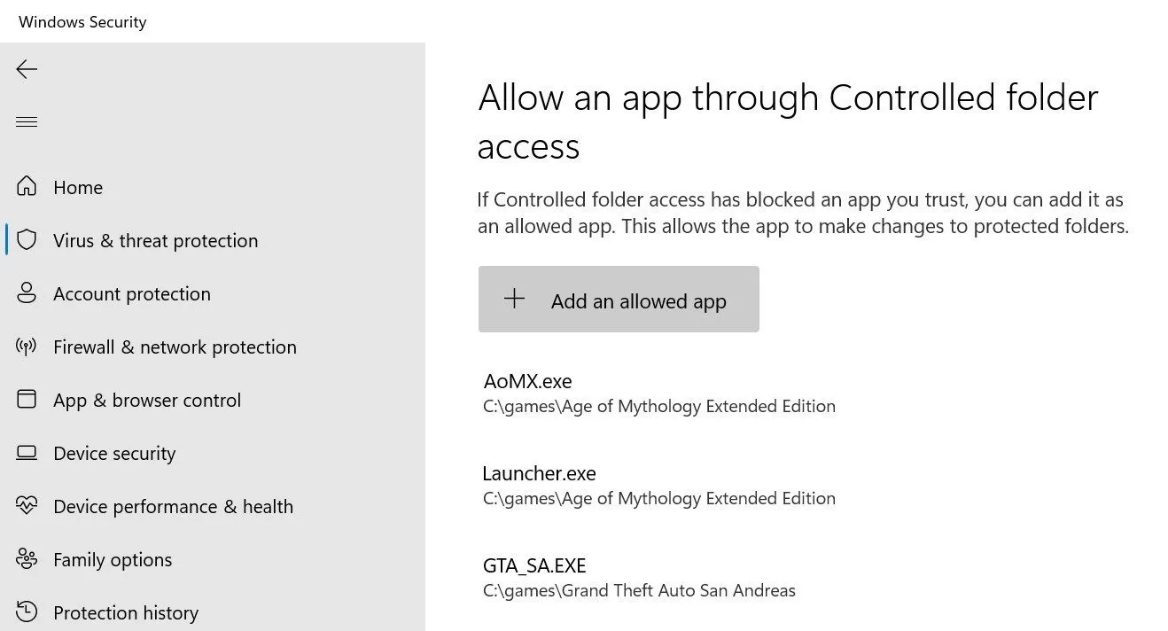 Cửa sổ cho phép một ứng dụng truy cập thư mục được kiểm soát trong Windows Defender