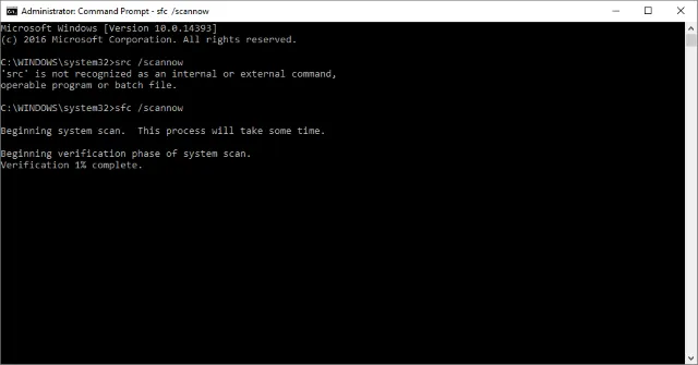 Cửa sổ Command Prompt hiển thị kết quả quét hệ thống bằng lệnh sfc scannow