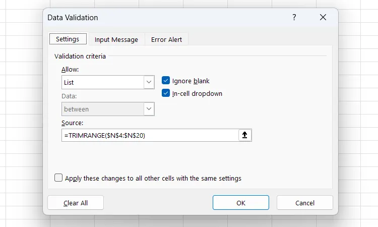 Cửa sổ Data Validation trong Excel hiển thị cách sử dụng hàm TRIMRANGE trong trường Source để tạo danh sách sạch