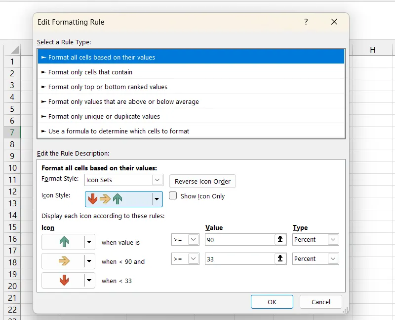 Cửa sổ Edit Formatting Rule trong Excel để định nghĩa điều kiện hiển thị Icon Sets dựa trên giá trị ô.