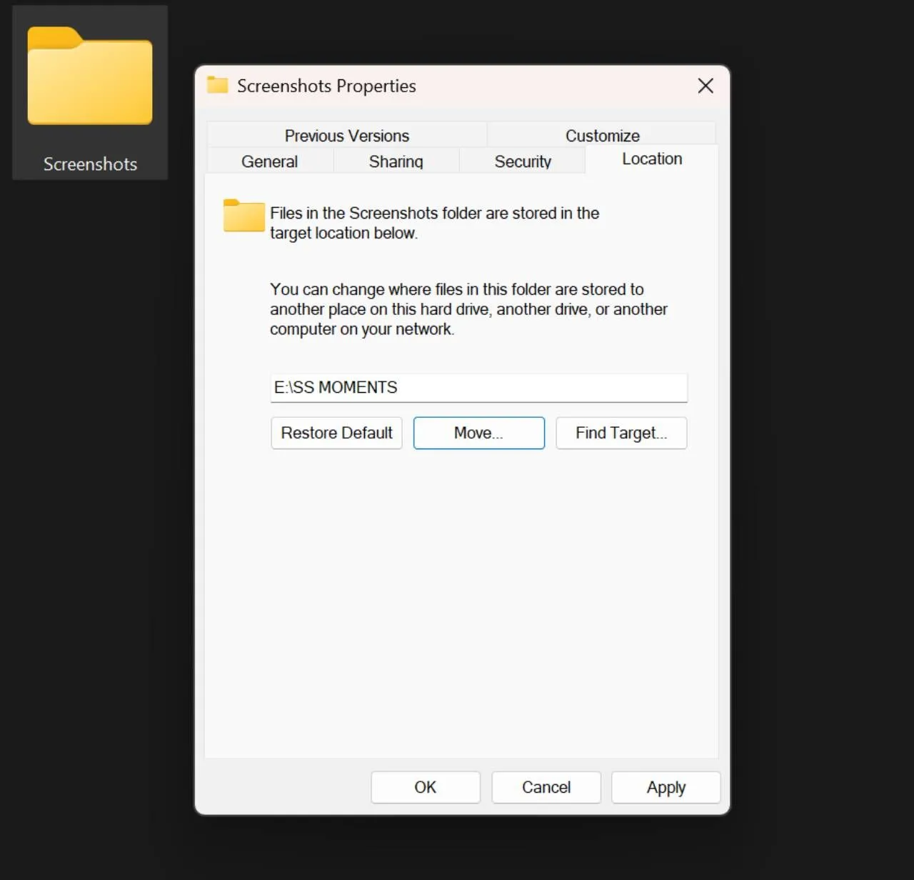 Cửa sổ File Explorer với tab Location được chọn và nút Move để thay đổi vị trí lưu ảnh chụp màn hình