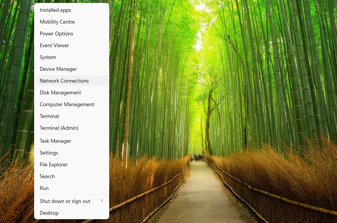 Cửa sổ Kết nối Mạng được mở qua phím tắt Win + X trên Menu Quick Access