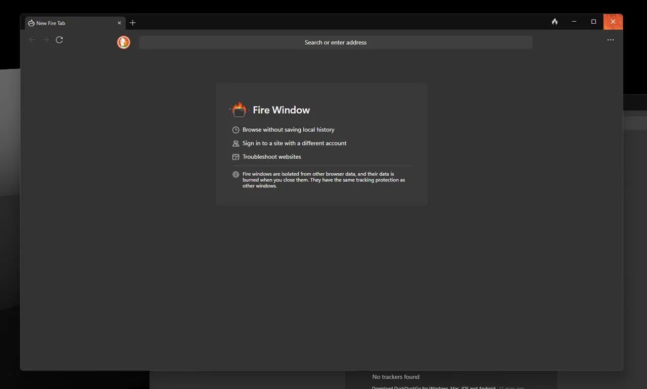 Cửa sổ Lửa trong trình duyệt DuckDuckGo