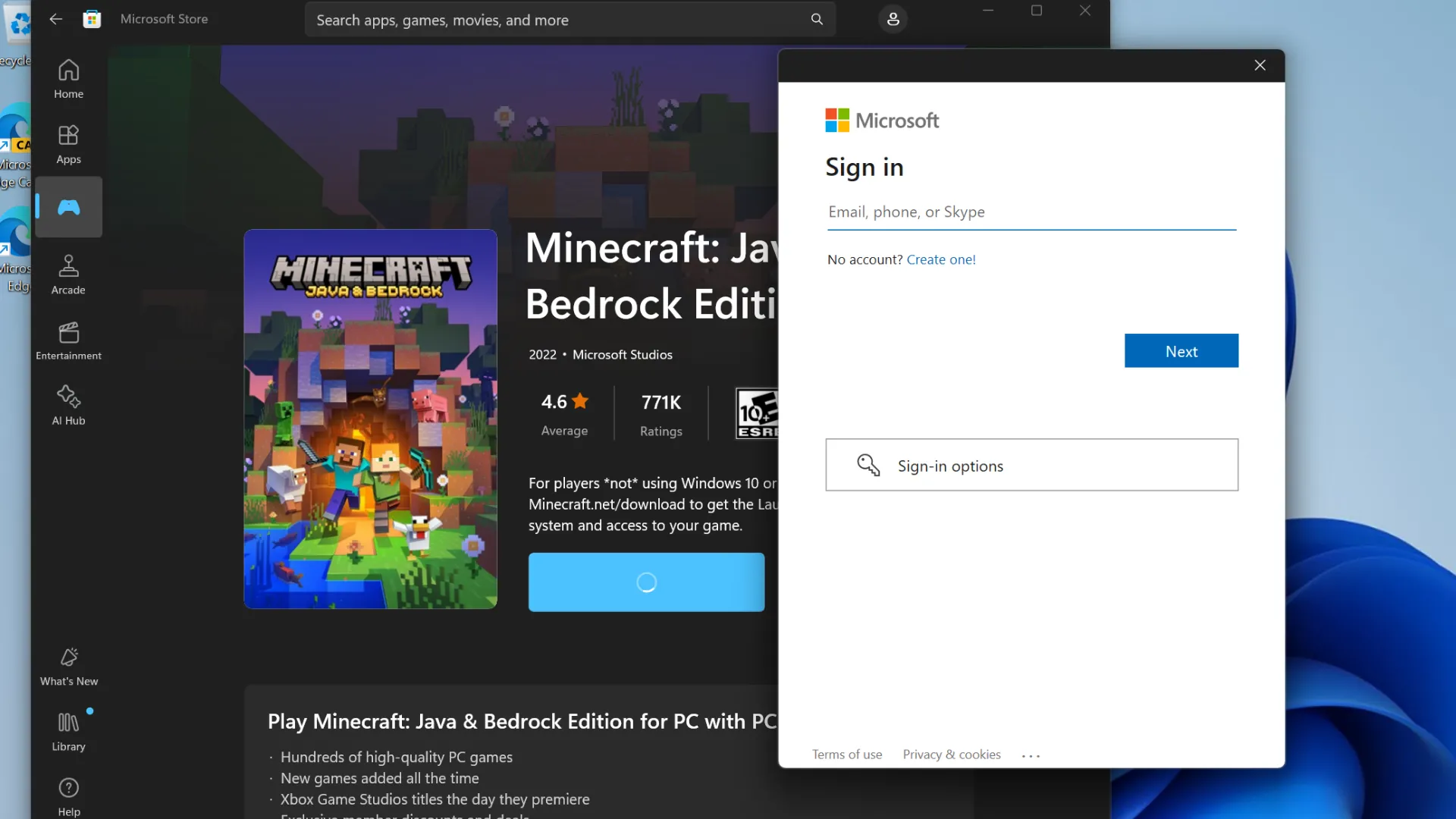 Cửa sổ Microsoft Store yêu cầu đăng nhập tài khoản Microsoft để hoàn tất giao dịch mua ứng dụng hoặc trò chơi