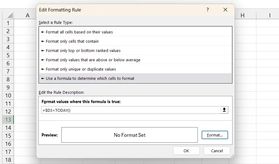 Cửa sổ New Formatting Rule trong Excel, nhập công thức để định dạng ô dựa trên điều kiện ngày tháng.