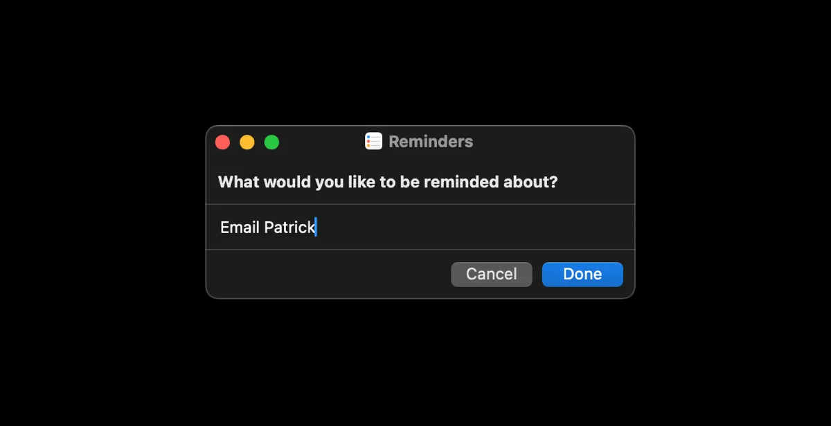 Cửa sổ nhập nhanh lời nhắc vừa tạo qua phím tắt tùy chỉnh trong ứng dụng Reminders trên macOS