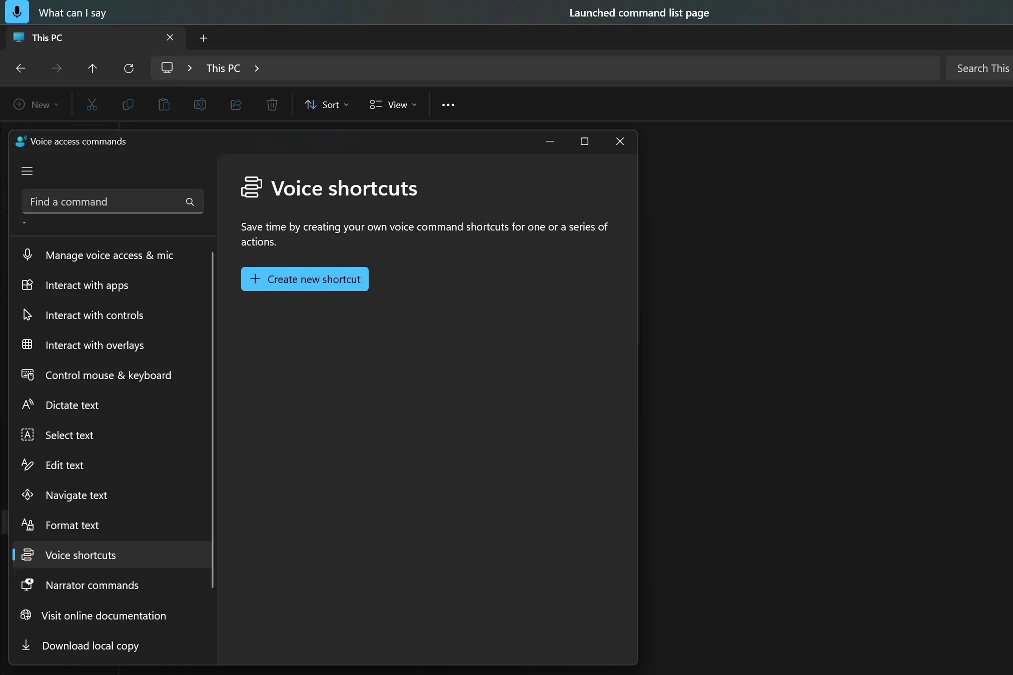 cửa sổ phím tắt giọng nói của Voice Access để tạo shortcut mới
