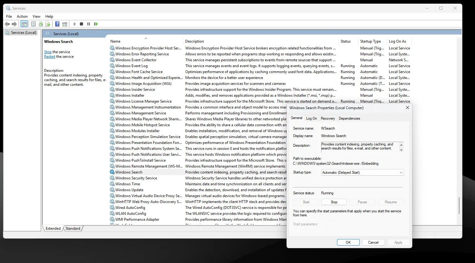 Cửa sổ Quản lý Dịch vụ Windows hiển thị thuộc tính của dịch vụ Windows Search đang được cấu hình
